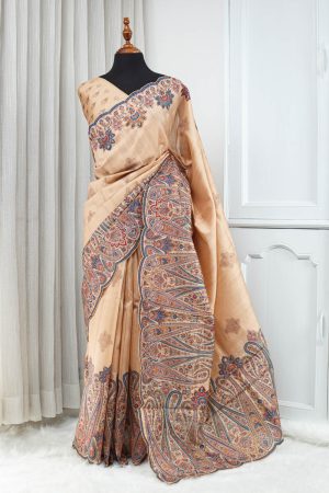 Semi Tussar Saree – Warm Peach Beige with Kani Design, Jari Embroidery & Cutwork 000130