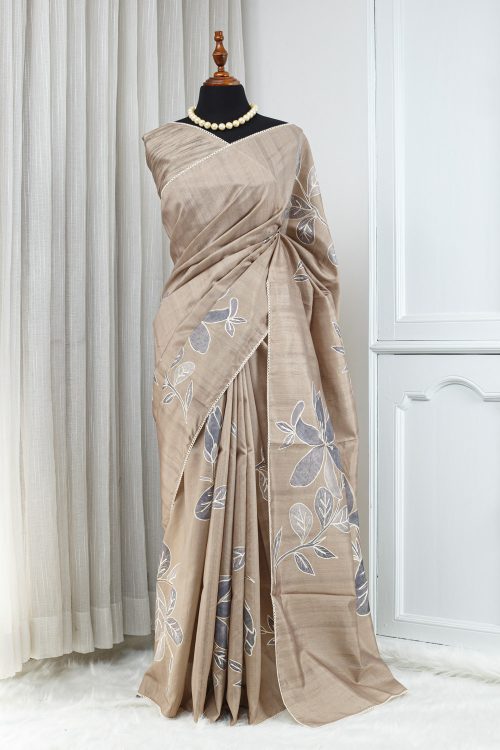 Tussar Saree – Taupe Beige with Appliqué Floral Work 000132