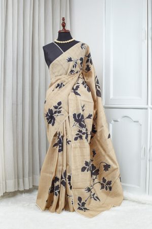 Tussar Appliqué Work Saree – Beige with Black Floral Appliqué 000131