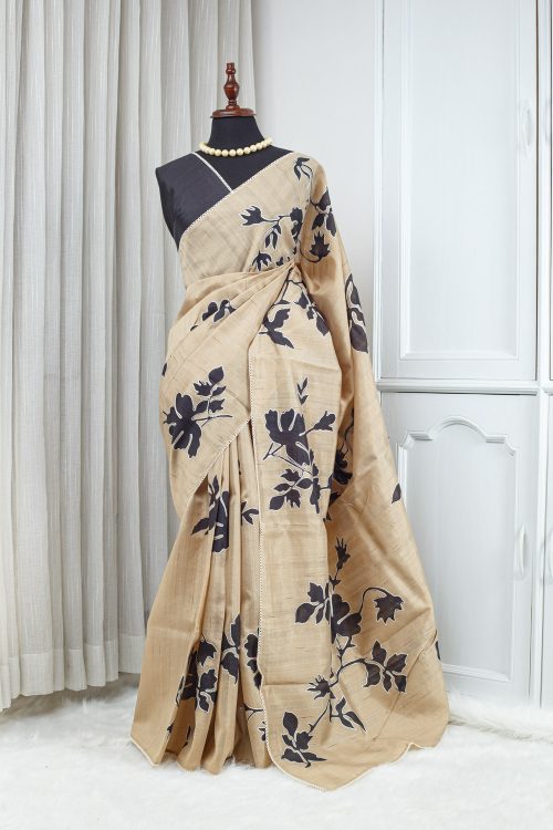 Tussar Appliqué Work Saree – Beige with Black Floral Appliqué 000131
