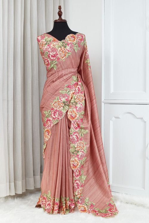 Semi Tussar Silk Saree – Dusty Peach with Floral Embroidery 000123