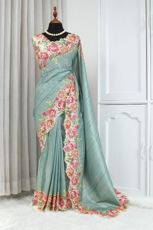 Semi Tussar Silk Saree – Sage Green with Floral Border 000122