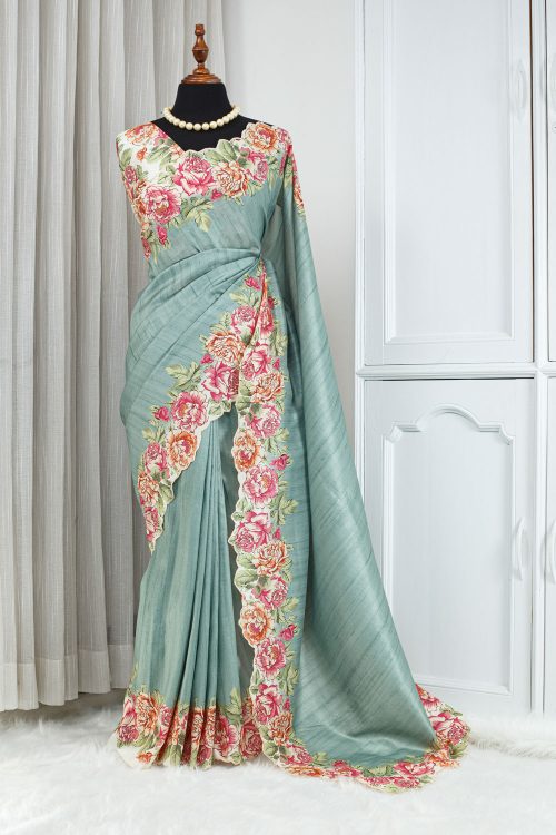 Semi Tussar Silk Saree – Sage Green with Floral Border 000122