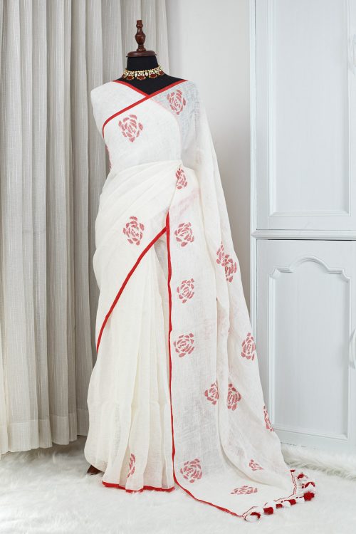 Soft Cotton Linen Saree – Ivory White with Red Rose Motifs 000111