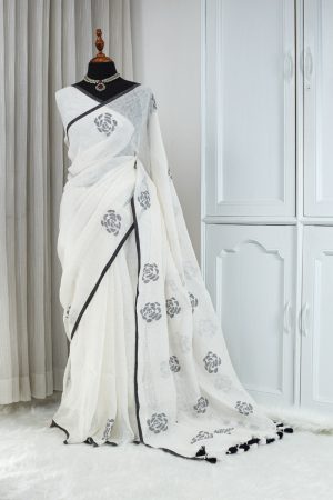 Soft Cotton Linen Saree – Ivory White with Black Rose Motifs 000112