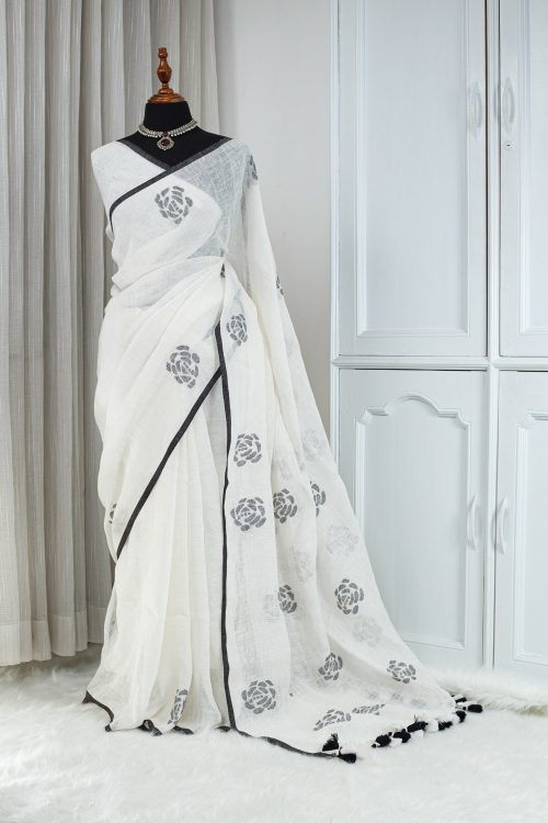 Soft Cotton Linen Saree – Ivory White with Black Rose Motifs 000112