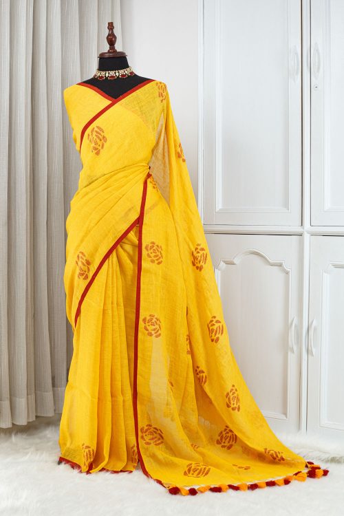 Soft Cotton Linen Saree – Sunshine Yellow with Red Floral Motifs 000116