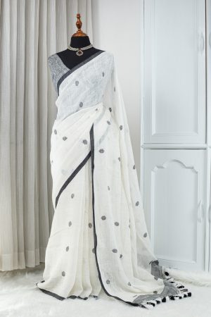 Soft Cotton Linen Saree – Ivory White with Charcoal Grey Detailing 000113