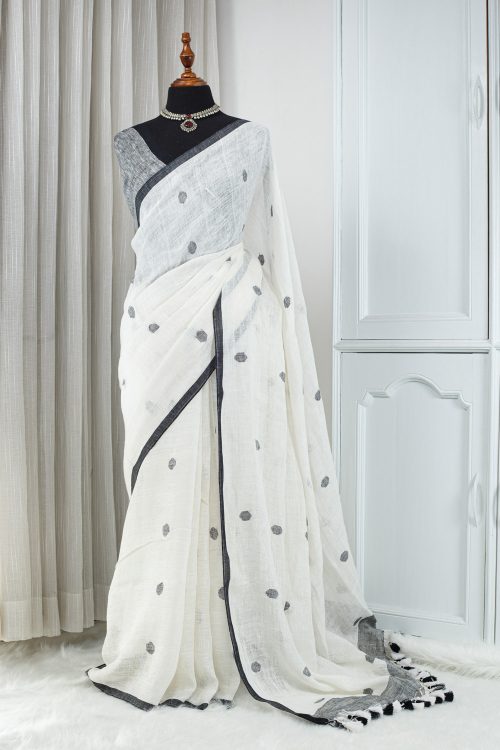 Soft Cotton Linen Saree – Ivory White with Charcoal Grey Detailing 000113