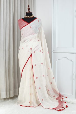 Soft Cotton Linen Saree – Ivory White & Red 000110
