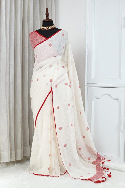 Soft Cotton Linen Saree – Ivory White & Red 000110