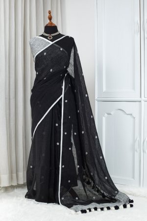 Soft Cotton Linen Saree – Classic Black & White 000109