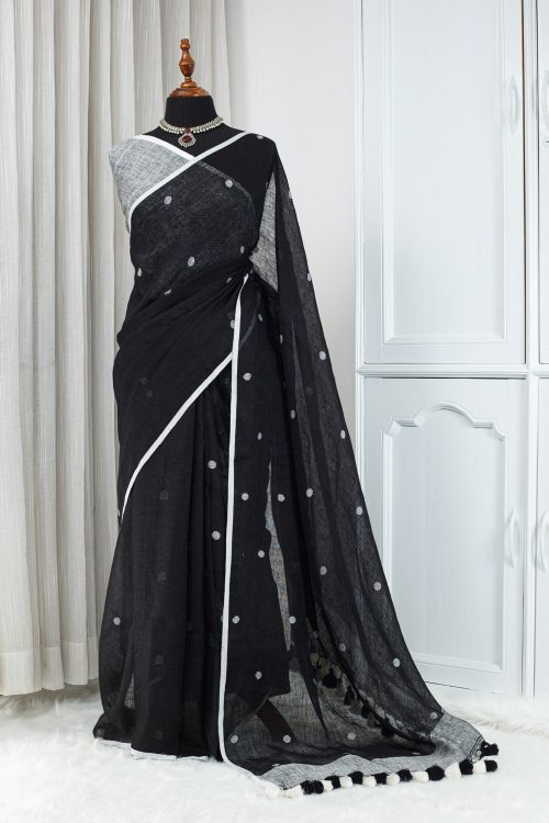 Soft Cotton Linen Saree – Classic Black & White 000109