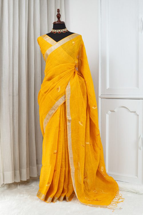 Soft Cotton Linen Saree – Marigold Yellow with Silver Woven Border 000115