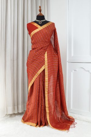 Cotton Linen Saree – Rust Orange with Golden Jari Stripe Weaving 000119