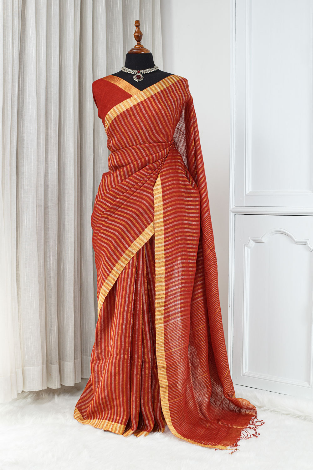 Cotton Linen Saree – Rust Orange with Golden Jari Stripe Weaving 000119