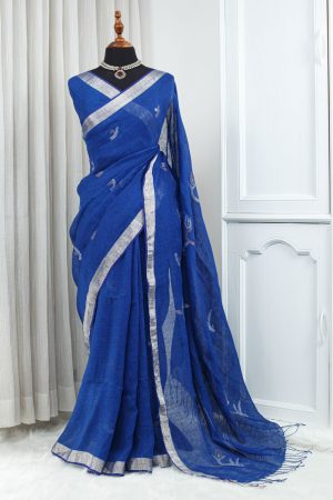 Soft Cotton Linen Saree – Royal Blue with Silver-Grey Woven Detailing 000114