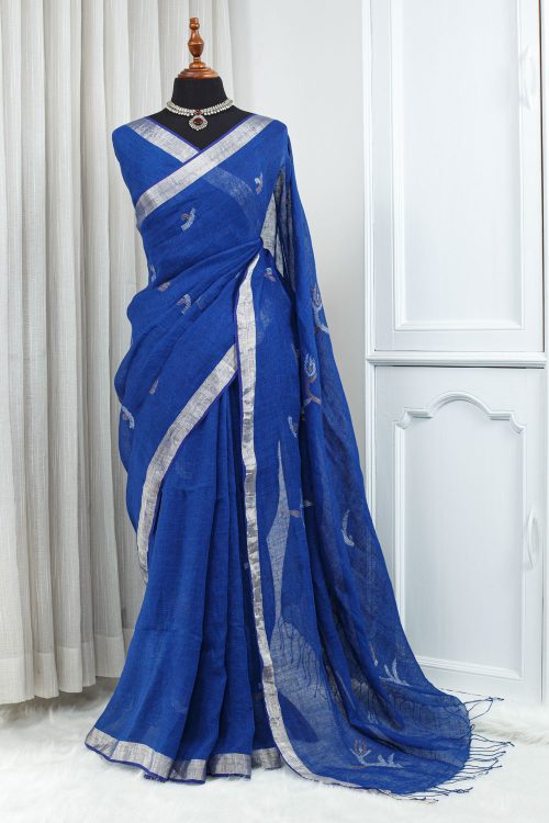 Soft Cotton Linen Saree – Royal Blue with Silver-Grey Woven Detailing 000114