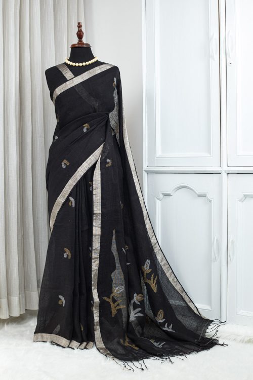 Soft Cotton Linen Saree – Black with Beige & Multicolour Woven Detailing