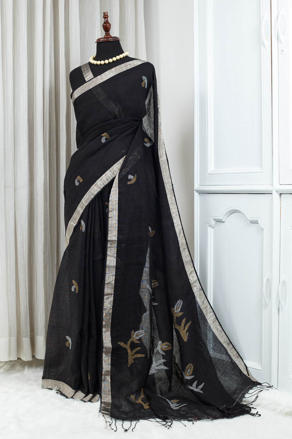 Soft Cotton Linen Saree – Black with Beige & Multicolour Woven Detailing - Image 2