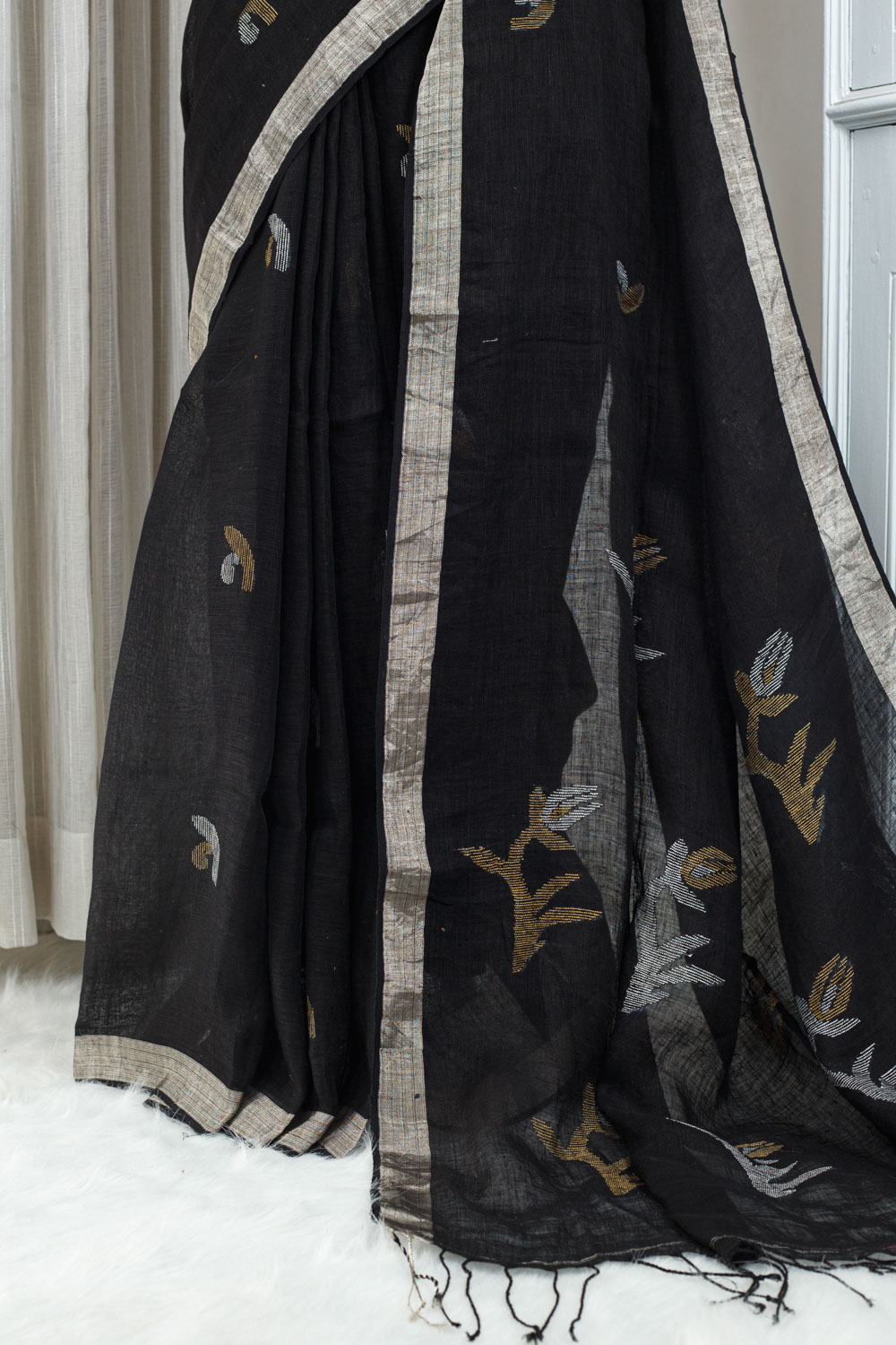 Soft Cotton Linen Saree – Black with Beige & Multicolour Woven Detailing - Image 3