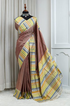 Pure Ikkat Silk Saree – Dusty Rose with Multicolour Striped Border 000108
