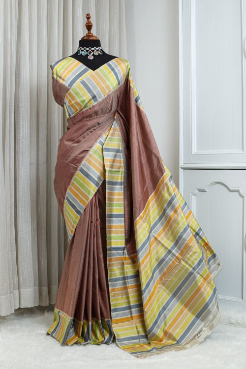 Pure Ikkat Silk Saree – Dusty Rose with Multicolour Striped Border 000108