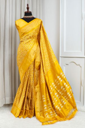 Pure Silk Ikkat Saree – Vibrant Mustard Yellow with Ivory Geometric Weaving 000117