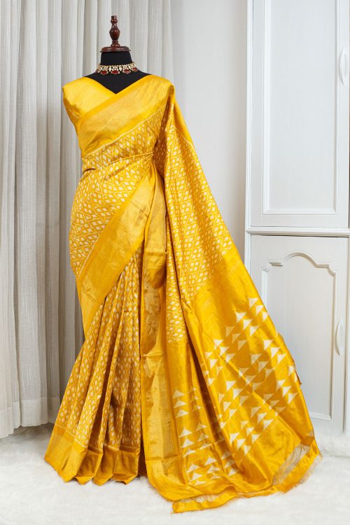 Pure Silk Ikkat Saree – Vibrant Mustard Yellow with Ivory Geometric Weaving 000117