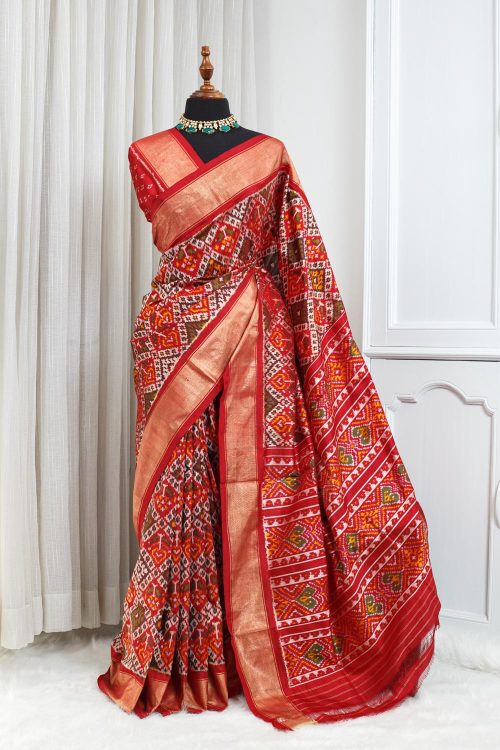Pure Silk Ikkat Saree – Red with Multicolour Traditional Weaving 000118