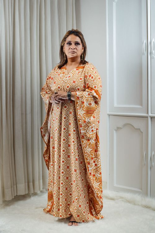 Thai Cotton Linen Kaftan – Ivory with Burnt Orange Print 000151