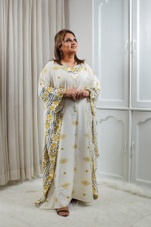 Thai Cotton Linen Kaftan – Ivory with Mustard & Black Print 000152