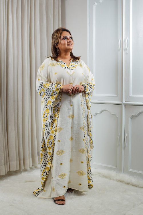 Thai Cotton Linen Kaftan – Ivory with Mustard & Black Print 000152