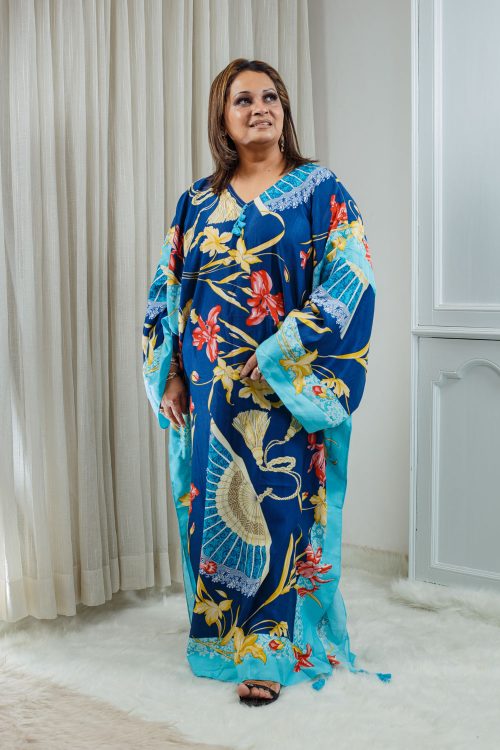 Thai Cotton Linen Kaftan – Royal Blue with Turquoise Floral Print 000153