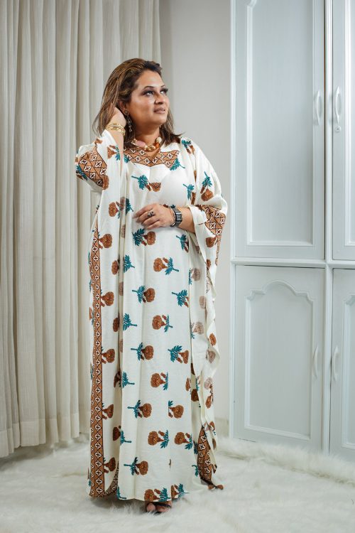 Thai Cotton Linen Kaftan – Ivory with Brown & Teal Floral Motifs 000155
