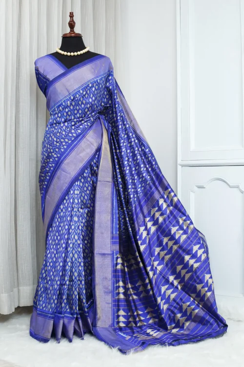 Silk Ikkat Saree – Blue & White with Matte Silver Weaving