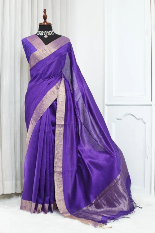 Pure Handloom Tussar Saree – Royal Purple with Jari Border
