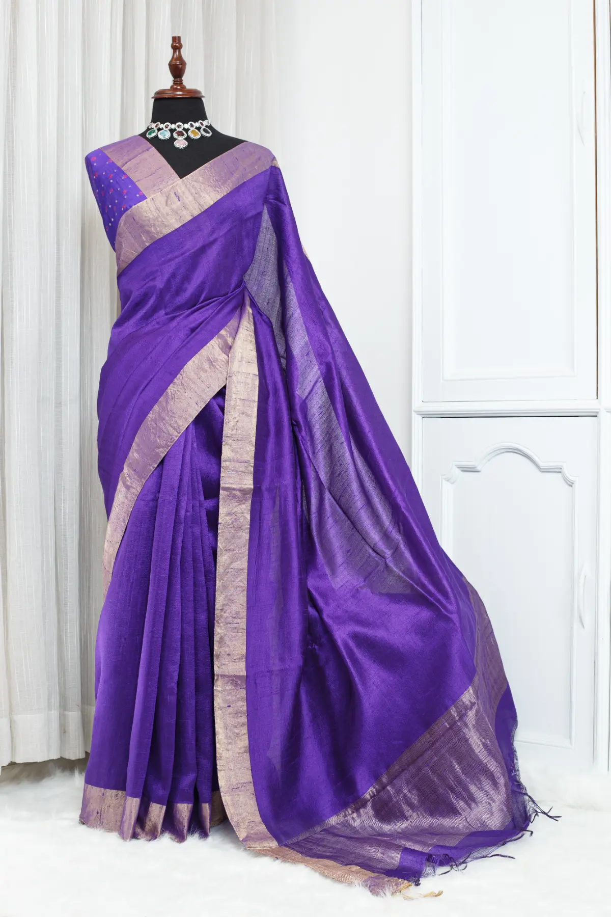 Pure Handloom Tussar Saree – Royal Purple with Jari Border