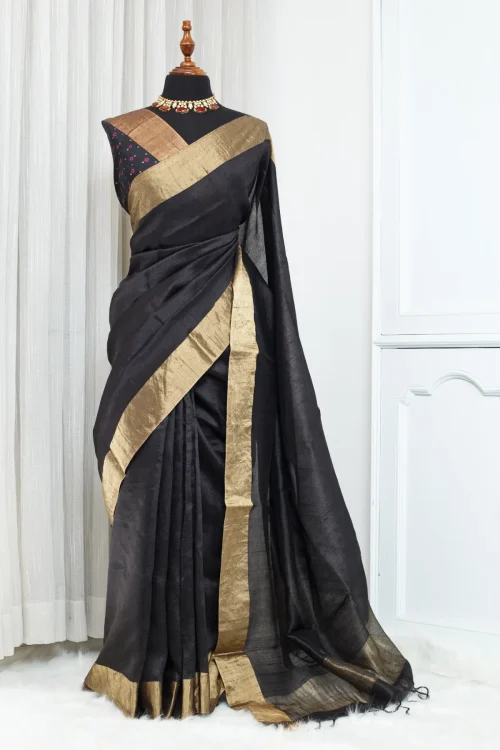 Pure Handloom Tussar Saree – Black with Antique Gold Jari Border 00030