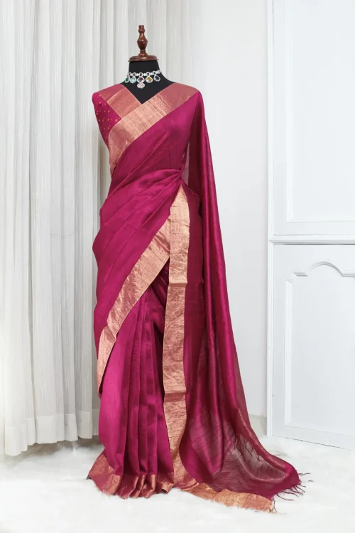 Pure Handloom Tussar Saree – Rani Pink with Rose Gold Jari Border