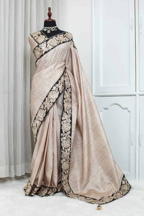 Pure Tussar Embroidery Saree – Soft Beige with Black Embroidered Border