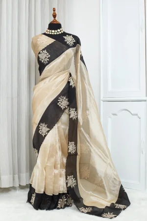 Fancy Designer Embroidery Saree – Ivory with Black Embroidered Border 00032