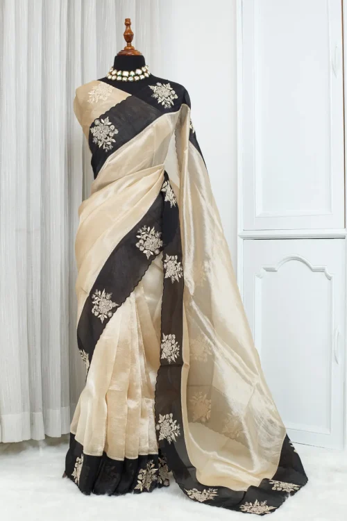 Fancy Designer Embroidery Saree – Ivory with Black Embroidered Border 00032