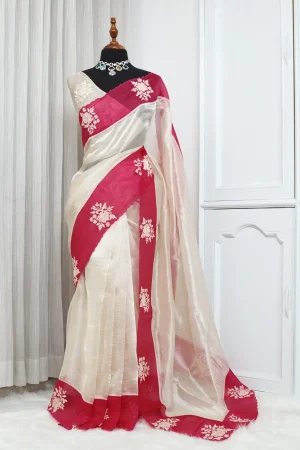Fancy Designer Embroidery Saree – Ivory with Deep Pink Border 00033