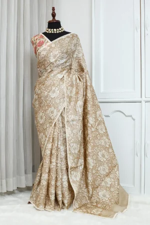 Pure Tussar Silk Saree – Sabyasachi Inspired Floral Design 00034