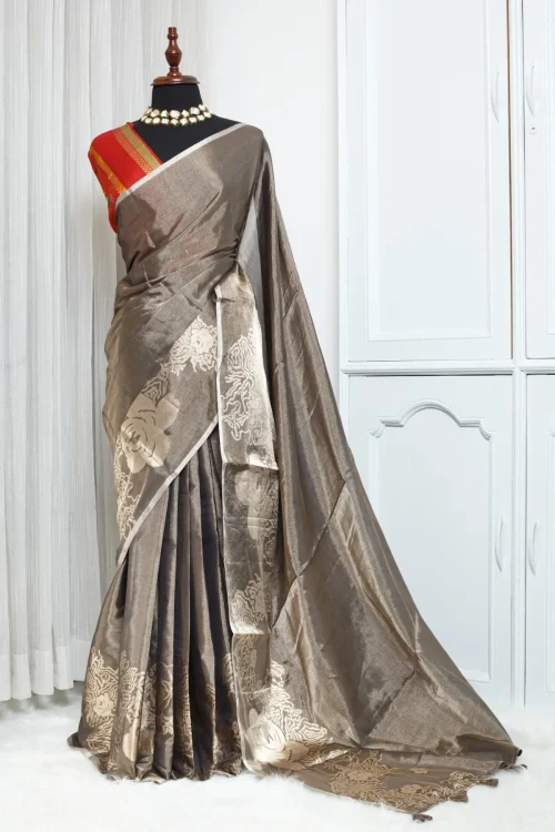 Tussar Silk Jari Exclusive Designer Saree – Metallic Taupe 00036