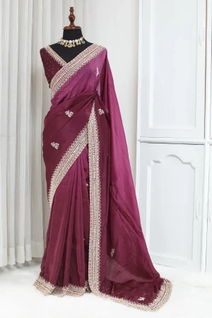 Crepe Silk Exclusive Designer Saree – Wine with Zardozi & Kardana Work 00038