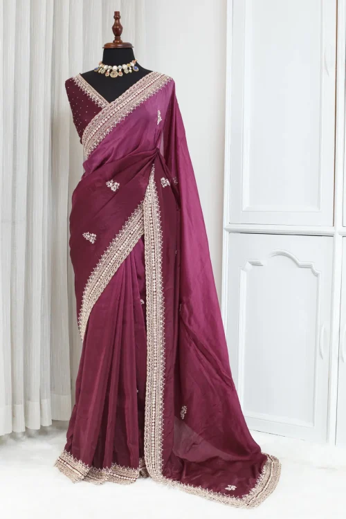 Crepe Silk Exclusive Designer Saree – Wine with Zardozi & Kardana Work 00038