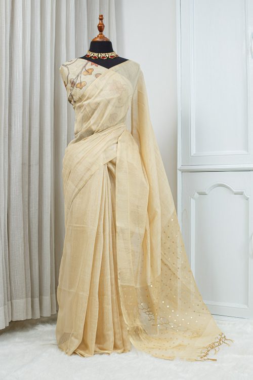 Cotton Linen Zari Work Saree – Soft Cream Beige with Gold Details