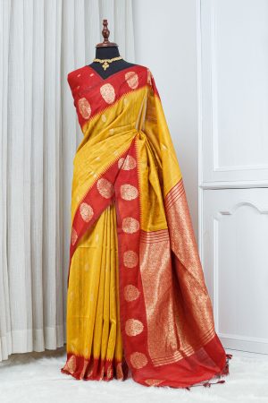 Tussar Saree – Mustard Gold & Deep Red with Zari Weaving 000137